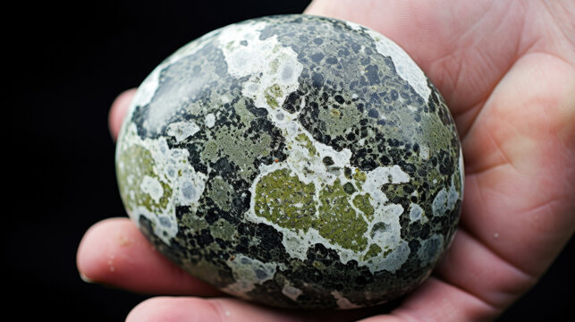Closeup of a mossy diorite pebble with a speckled appearance, displaying a mix of green, black, and white speckles on a textured surface. The stone feels cool and heavy in the hand.