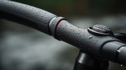 Closeup of a pebbletextured rubber grip on a bicycle handlebar, providing a stable and comfortable hold for the rider. Waterresistant and durable.