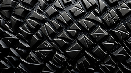 Texture of by tire rubber, with raised patterns resembling spikes and ridges. This type of texture is commonly found on allterrain tires, providing traction on various surfaces.