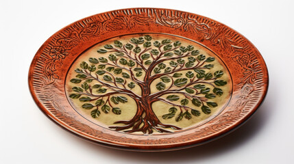 Texture of a Redware platter adorned with a traditional tree of life design. The clay has a smooth and semiglossy finish, with warm shades of brown and a hint of green. The tree of life