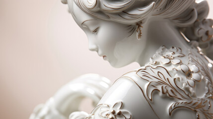 Closeup of a smooth porcelain figurine with a glossy glaze, featuring intricate etchings and embossed details.