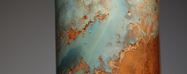 Closeup of Mottled Pottery Vase This cylindrical vase has a beautiful mottled texture, with a mix of glossy and matte glazes in shades of green, blue, and brown. The layered effect creates