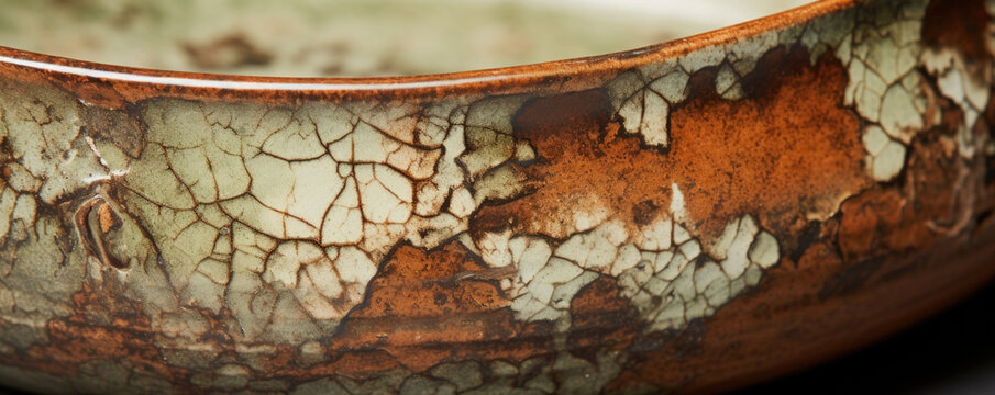 Closeup of Weathered Faiance Pottery This weathered pottery has a distressed appearance, with a mottled surface that resembles cracked paint. Shades of rust, ochre, and moss green create