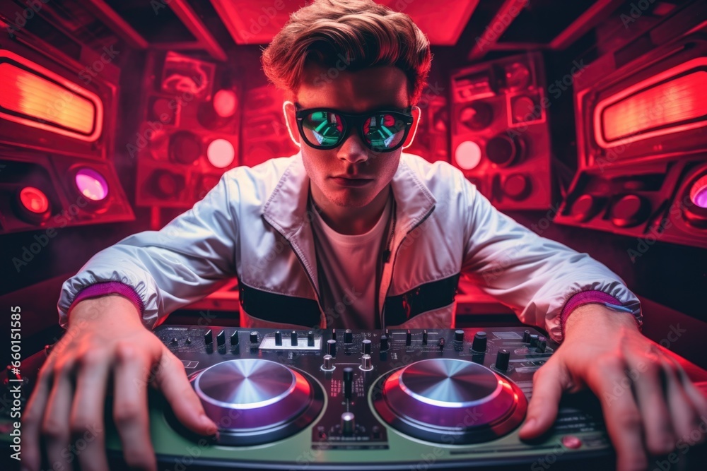Poster a man wearing sunglasses is seen mixing music on a turntable. this image can be used to depict a dj 