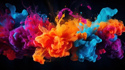 Fotobehang Colorful, vibrant liquid explosion under water on black background. Abstract backdrop with color splashes. Underwater explosion paint © ME_Photography