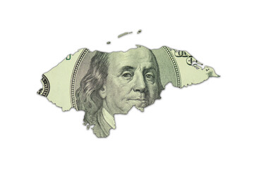 map of honduras on a american dollar money texture on the white background. finance concept.