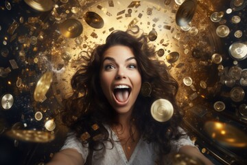 A woman with her mouth open, surrounded by a pile of gold coins. This image can be used to represent wealth, success, or financial abundance.