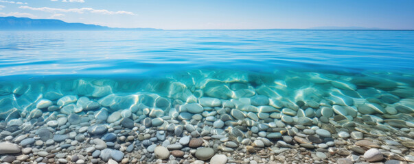 Fototapeta na wymiar Texture of a calm, crystal clear ocean reflecting the blue sky, gently lapping against smooth pebbles on the seashore.