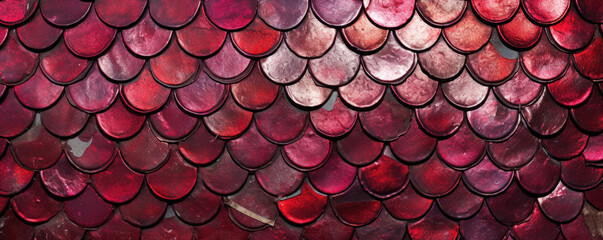 Texture of a large fish scale, almost the size of a coin. The deep ruby red color is eyecatching and seems to change in different lighting. The surface is bumpy and rough, providing a sy