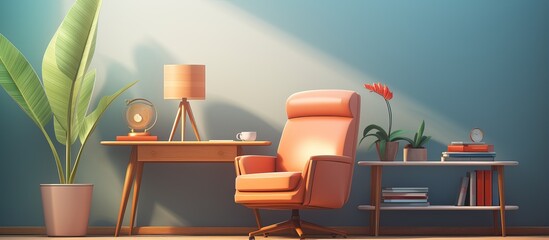 Cartoon office setting with retro armchair coffee table books and plant