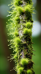 Closeup of spiky and tufted Tree Moss growing on a branch, creating a unique and rugged texture.