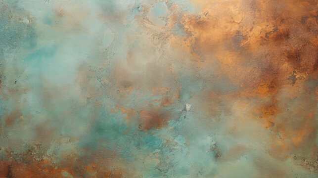 Closeup of a patinated copper panel The stunning color variations and patterns created by natural oxidation on copper, highlighting the unique characteristics of the metal.