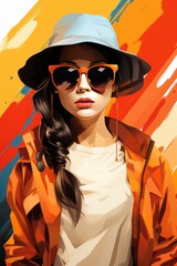 Cute black hair girl wearing sunglasses and hat