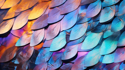 Closeup of iridescent erfly wing scales with a holographiclike pattern. The scales have a smooth, almost liquidlike texture and give off a dazzling, rainbowlike shine.
