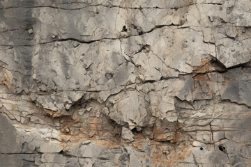 Closeup of a rocky mountain face, with a network of cracks and crevices running through the surface. The texture is rough and craggy, with a mix of earthy tones.