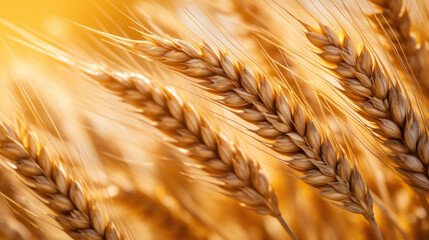 Closeup of mature wheat heads, showcasing a rich texture of plump grains bursting with golden hues.