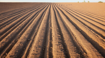 Texture of Wide Plowed Rows In this texture, the furrows are much wider than average, creating a broad and flat surface. The soil is smooth and compacted, with clear definition between the