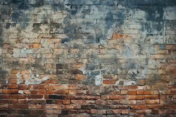 Closeup of a weathered brick facade, highlighting the effects of water damage and discoloration, creating a unique and intriguing pattern of dark and light shades.