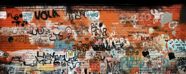 Texture of a brick building covered in graffiti, with tags and characters spanning multiple stories. The rough texture of the bricks adds depth and dimension to the graffiti.