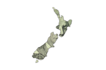 map of new zealand on a american dollar money texture on the white background. finance concept.
