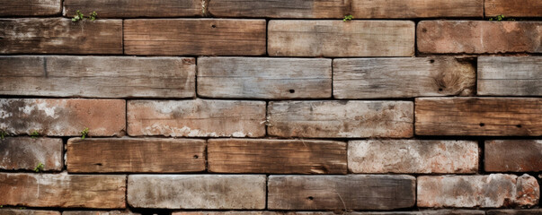 Closeup of an aged brick fence, with the bricks showing signs of wear and tear. The rough texture and faded color give off a rustic and vintage charm. This fence has a classic and timeless