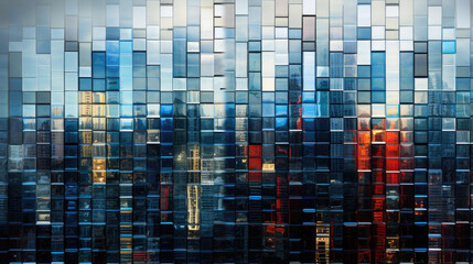 Closeup of a mosaic of reflective glass panels, each one reflecting a different part of the skyline and giving the building a constantly changing appearance.