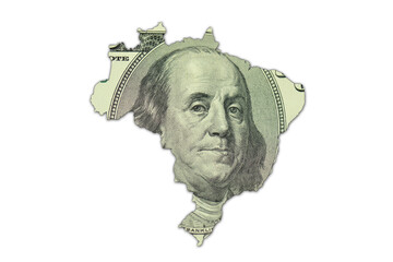 map of brazil on a american dollar money texture on the white background. finance concept.