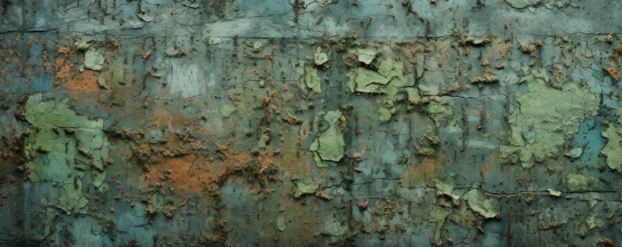Texture of a mossy copper patina, with patches of bright green moss growing over deep blue and teal patterns. The texture has a soft and natural look, as if it has been reclaimed by nature.