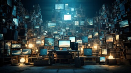A room full of screens background