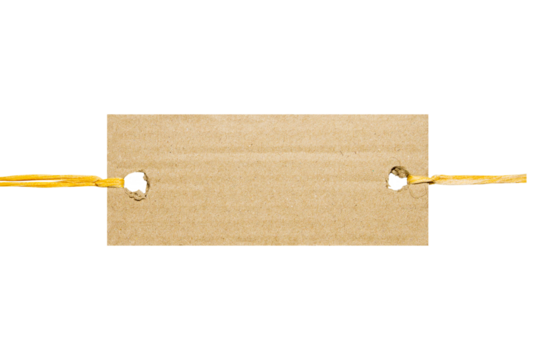brown tag with cord or thread made of natural craft paper and cardboard. Cut out on a blank background. PNG