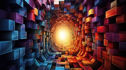 3d render of abstract geometric background with glowing cubes in space tunnel, AI Generated