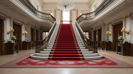 A grand entrance hall with a sweeping staircase chandelier and red carpet leading to double doors.
