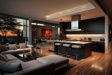 Modern kitchen and living room