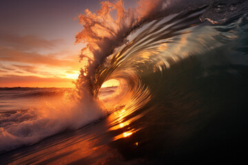 Ocean wave falling down at sunset
