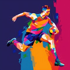 Man playing football / soccer with a soccer ball - Fauvism style painting in oil paint with natural textures, bright patterned colours, symbolic— Wall print or poster for interior design