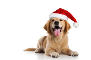 Cute cheerful purebred Golden retriever dog in a Christmas Santa Claus hat on a white background with copy space. New Year postcard, background with pet. Merry Christmas. Banner, advertising, poster.