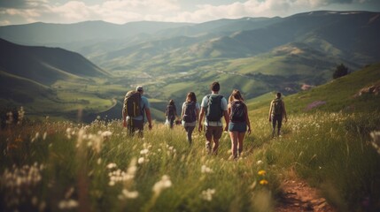 a candid photo of friends hiking together in the mountains in the vacation trip week. walking in the beautiful nature. fields and hills with grass