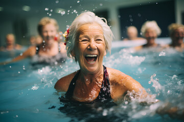 Active senior women enjoying aqua fit class in a pool, displaying joy and camaraderie, embodying a...