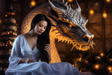Beautiful woman sitting near candles and dragon, chinese new year concept