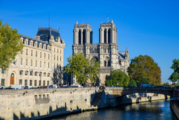 Notre Dame Cathedral and Seine River in Paris, France