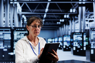 Senescent developer updating data center equipment, writing intricate binary code scripts on tablet, using programming to fortify cybersecurity in technically advanced server hub