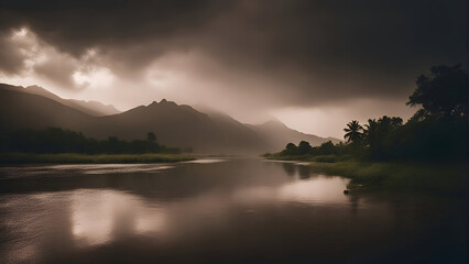 Landscape view of the river and mountain in the morning with clouds