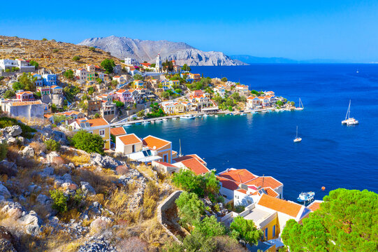 Colorful houses village in Symi island, Dodecanese islands, Greece.