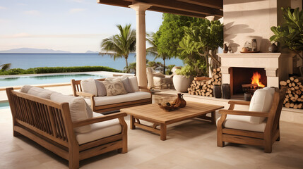 Luxury outdoor patio furnished with teak wood a fireplace and plush seating overlooking a private beach.