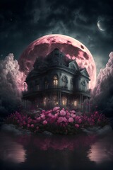 dreamland setting of dark clouds and pink flowers leading up a huge crystal mansion nightsky shining moon behind the clouds highly detailed photorealistic hyper realistic intricate detailed 