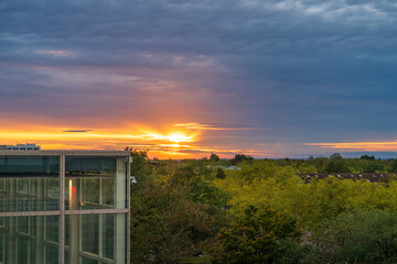 Aerial sunset skyline view of downtown of Milton Keynes. England