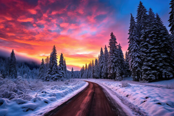 Road leading towards colorful sunrise with snow covered trees