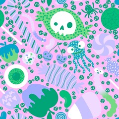 Cartoon Halloween candy seamless lollipop and sugar cherry and worms and skulls pattern for wrapping paper