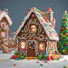 Gingerbread houses decorated with colorful candies on a blue background