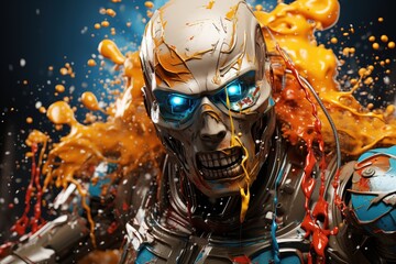 Cyborg with splashes of orange liquid, 3d rendering, Ai Generated